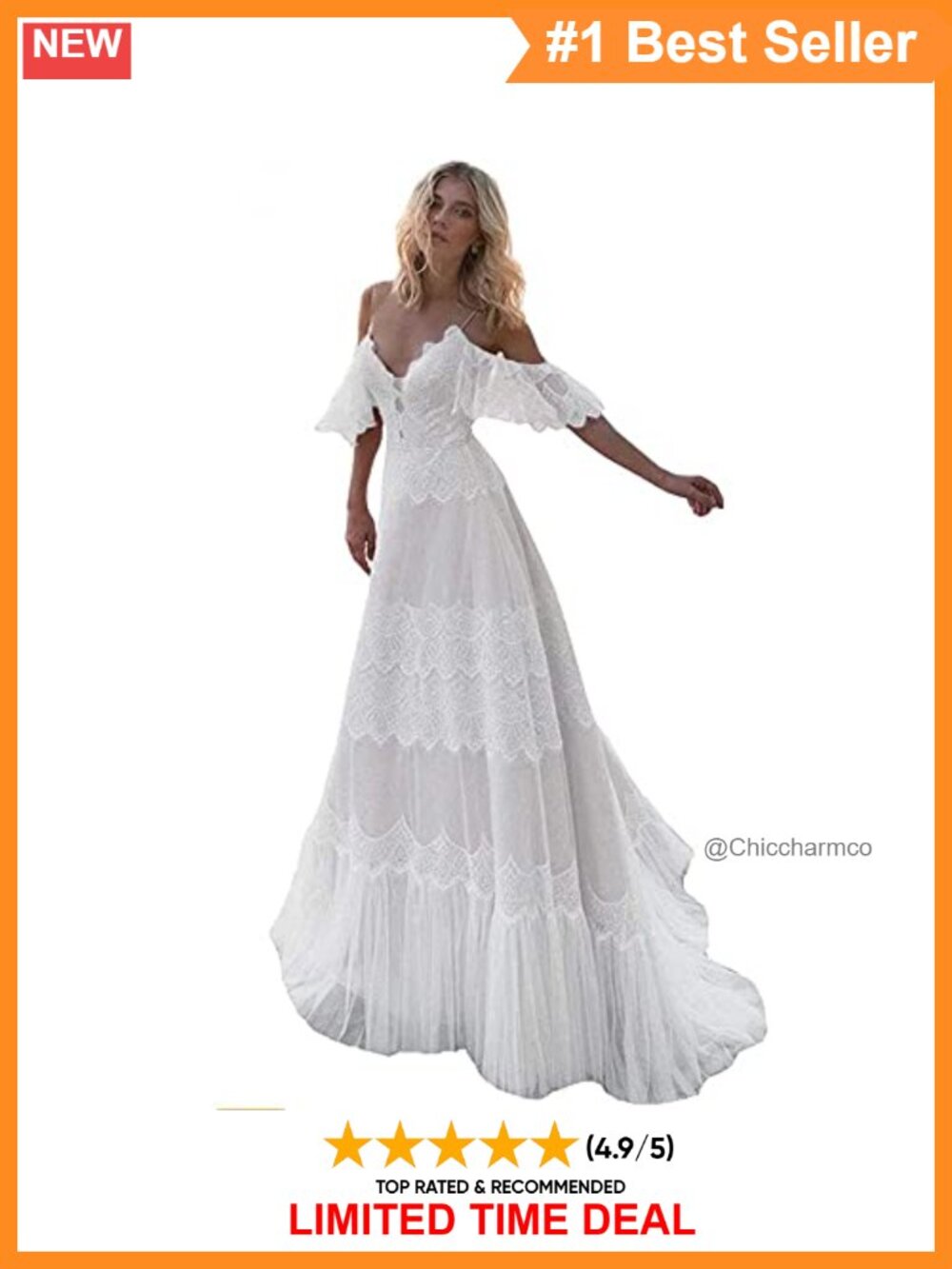 Chic Lace Wedding Dress V Neck Ruffle Sleeves Beachy Boho Gown